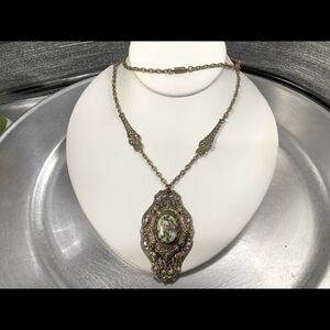 Filigree rose Floral Porcelain Cameo Pendant Goldone Vintage Necklace GVC